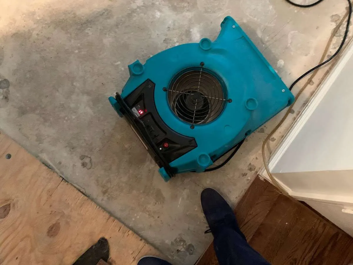 Air mover drying subfloor during Leak Detection & Repair in East Peoria